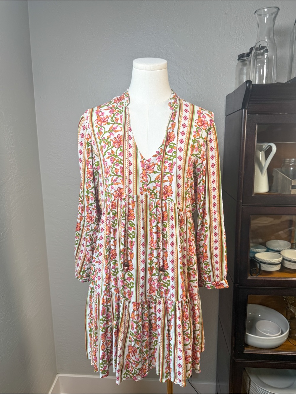 Japna Floral Boho Tiered Tie Front Mini Dress Pink Orange Cottagecore Size XS